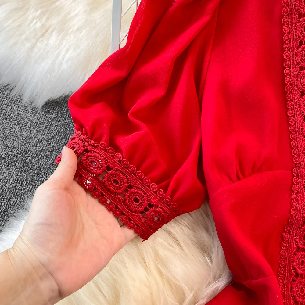 New Women Vintage Party Dress Summer Puff Sleeve Sexy V Neck Lace Single-breasted Long Dresses Ladies A Line Elegant Long Robe