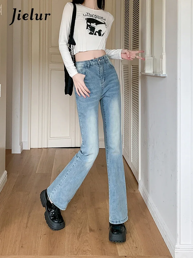 Jielur American Vintage High Waist Slim Women Jeans Autumn New Fashion Street Woman Jeans Blue Simple Basic Chicly Pants Female