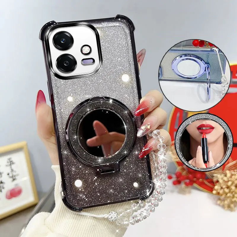 Glitter Shockproof Phone Case with Mirror Stand and Beaded Strap