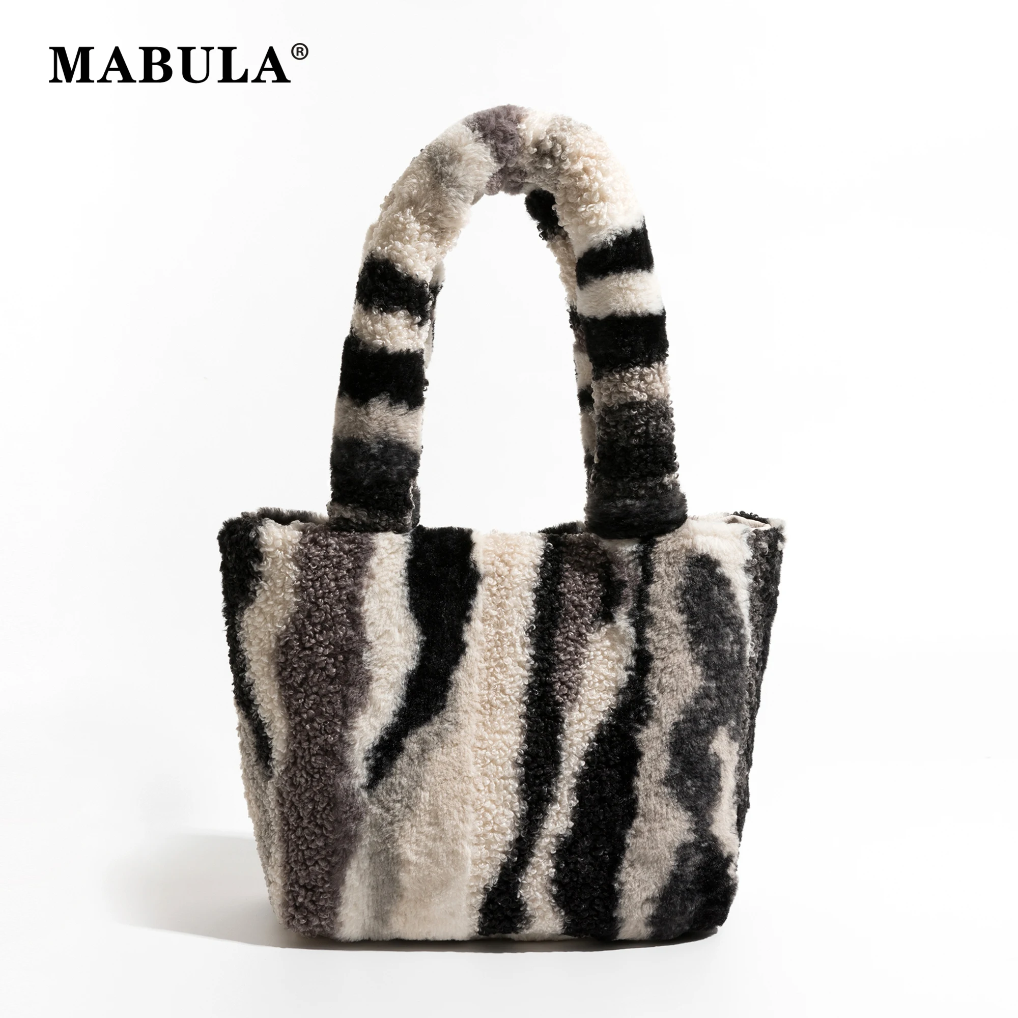 

MABULA Bohemian Printed Winter Faux Fur Tote Handbag for Women Hasp Plush Square Shopper Purse Trend Elegant Ladies Daily Bag