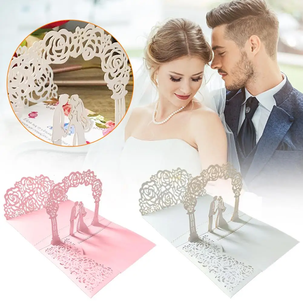 

(10 Pieces/Lot) 3D Pink Up Bride And Groom Wedding Card Invitation Anniversary Greeting Blue Kit Invites Pocket White Card K7Z2