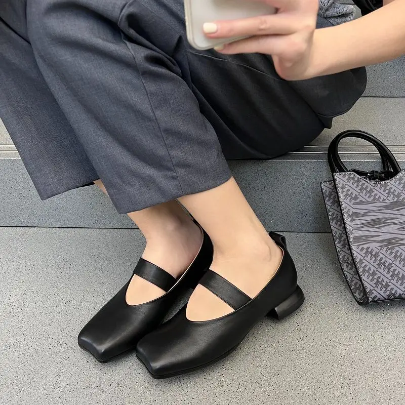 

French Style Women Shoes Real Leather Spring Autumn Comfort Flats On Low Heel Square Toe Cowhide Elegant Woman Retro Shoes