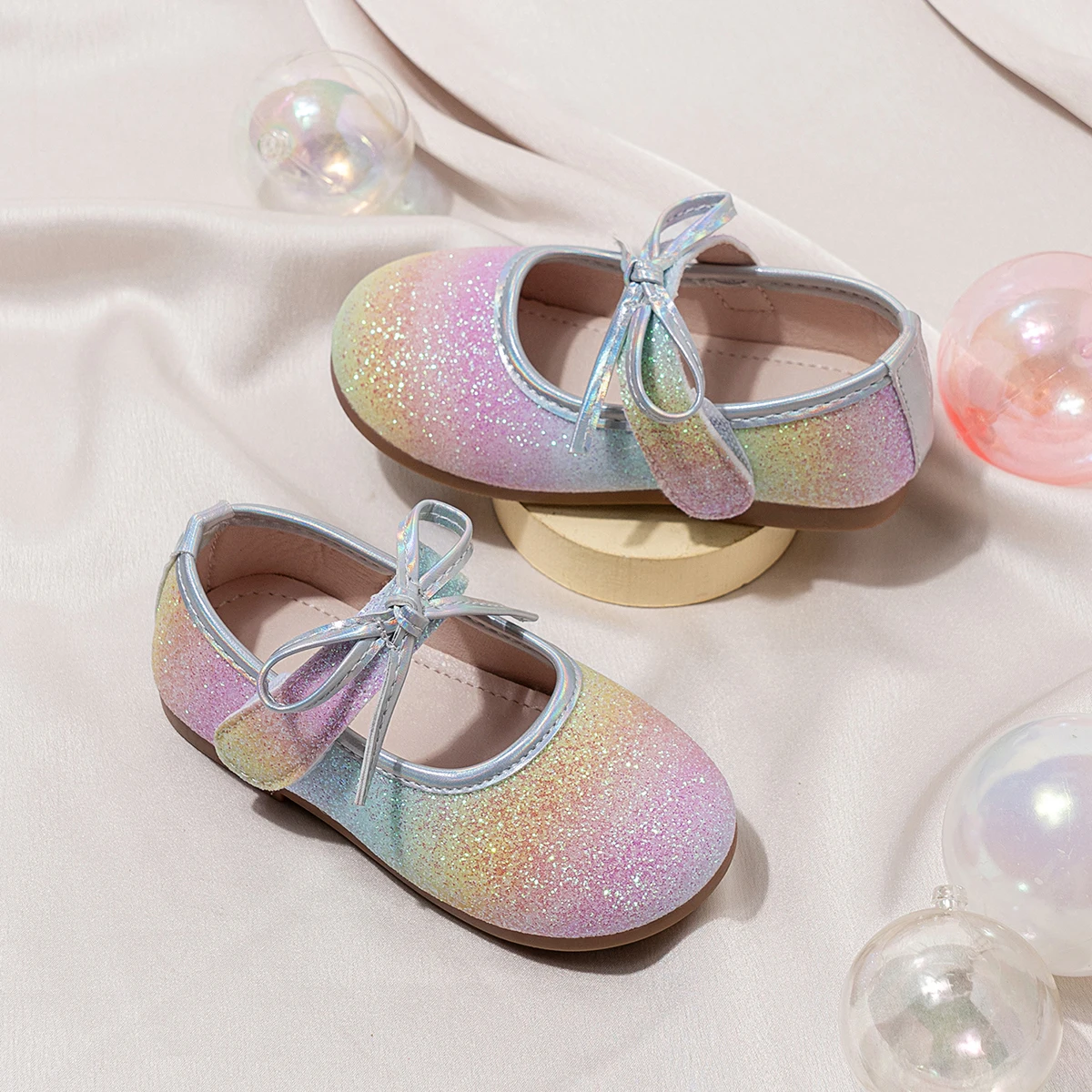 Girls Sparkly Party Flats Shoes with Bow Detail