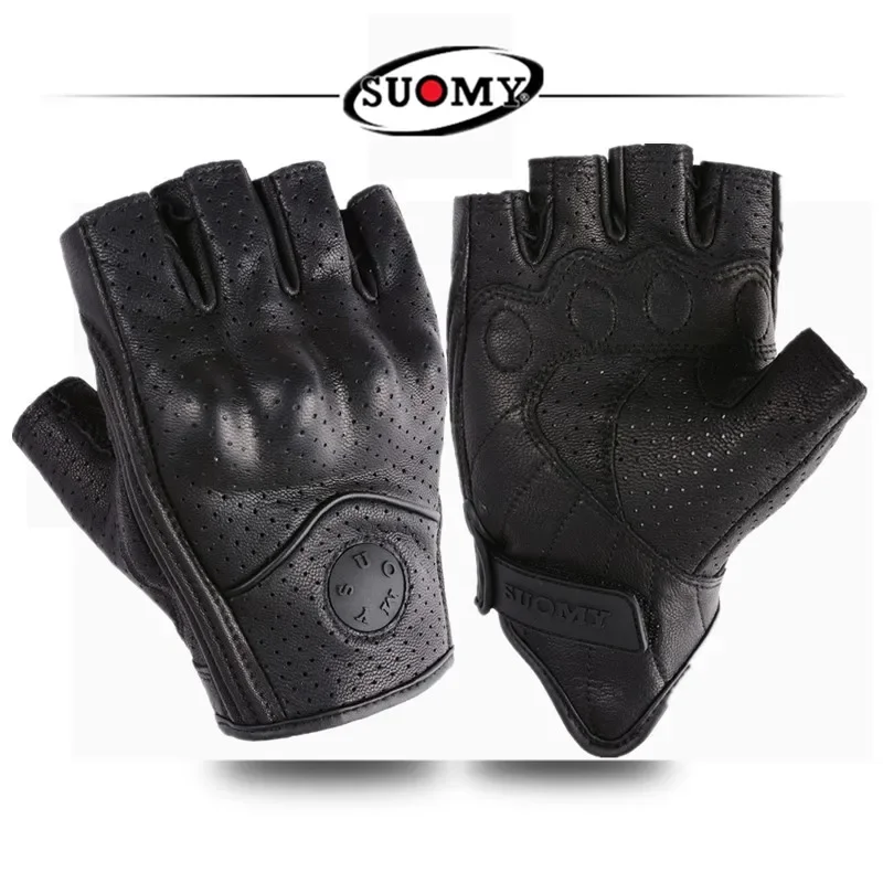 

Summer Half Finger Motorcycle Gloves Retro Black Leather Perforated Motorbike Motocross Fingerless Gloves Men Women Riding Glove