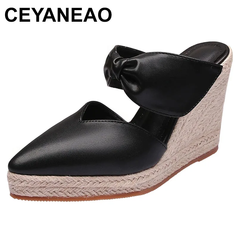 

Wedge Shoes Heel Thick Bottom High Heel Pointed Toe Espadrilles Female Bow Straw Hemp Rope Bottom Large Size Shoes