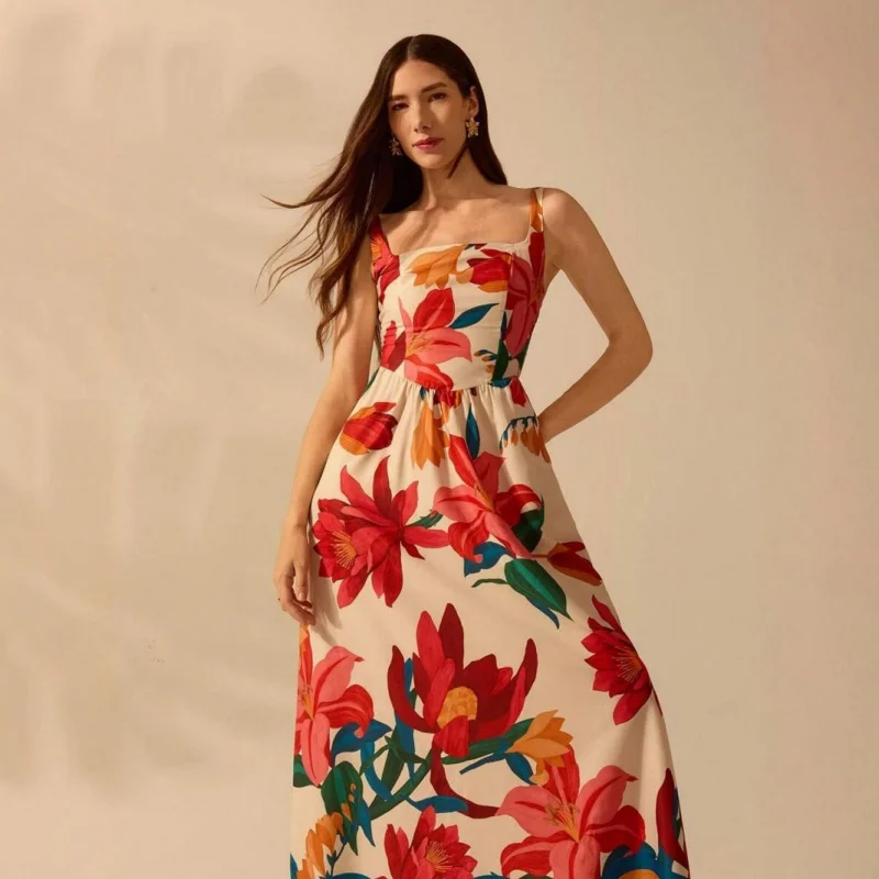 Women's Floral Print Square Neck A-Line Maxi Dress