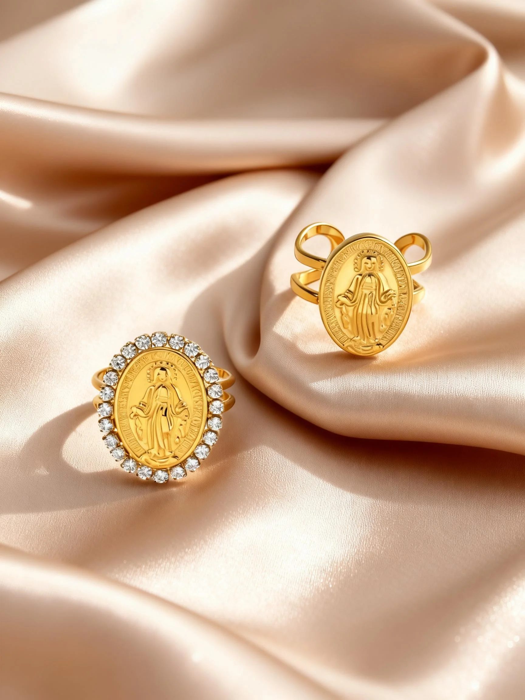 Vintage Jungfrau Maria Glänzender Zirkonia Offener Ring für Damen Luxuriöser Persönlichkeits-Edelstahlring Vergoldeter Religiöser Schmuck