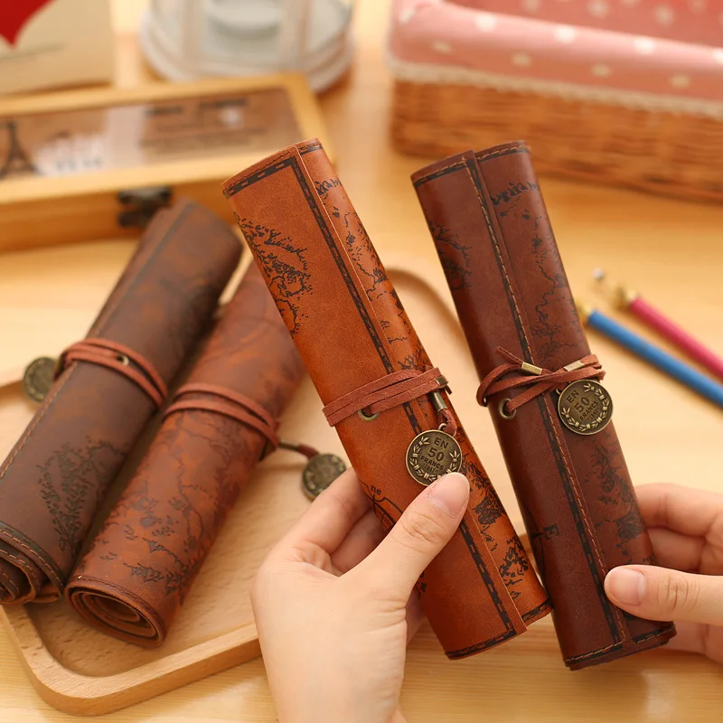 Vintage Roll Up Pencil Bag Retro PU Leather Pencil Case Portable Makeup Brush Pen Holder Storage Pouch School Office Supplies