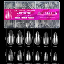 600-Pack Soft Gel Almond Nail Tips - Full Cover False Nails for Salon-Quality Manicures (Almond)