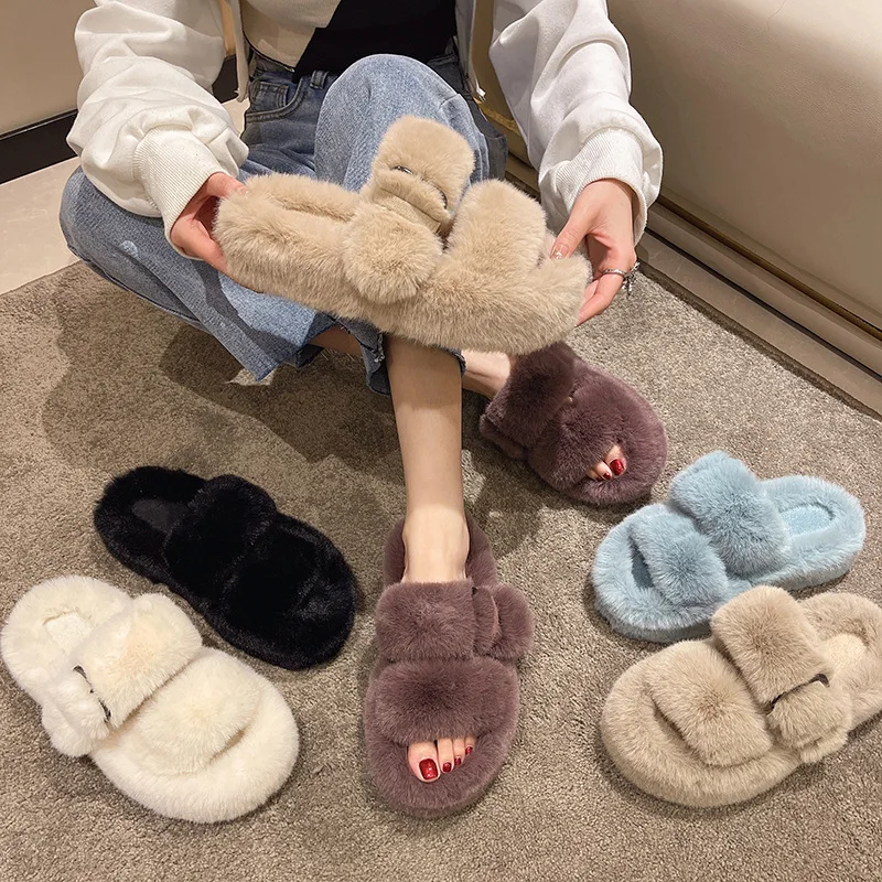2022 Winter Fashion Soft Warm Comfort Flat Fur Slipper Brand Designer Slip on Loafers Mules Flip Flops Casual Ytmtloy Indoor