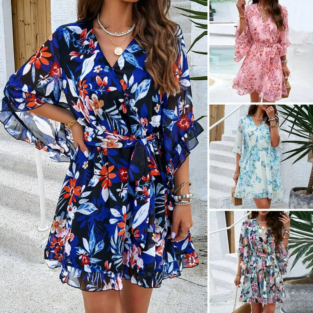 

Summer Beach Dress Floral Print V Neck Vacation Dress with Lace-up Belt Ruffle Patchwork Three Quarter Sleeve A-line for Women