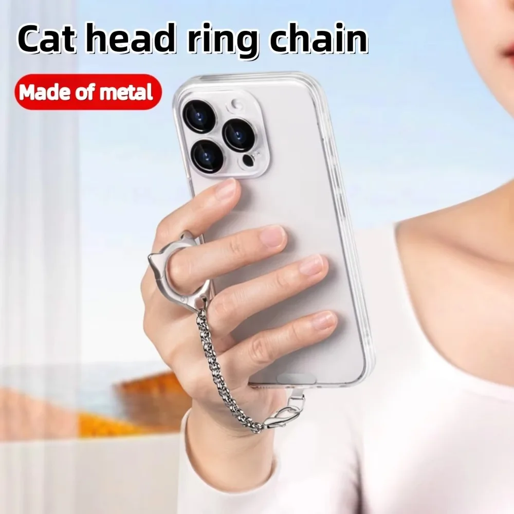 Chic Cat Design Metal Phone Case with Lanyard & Versatile Chain Strap Accessory