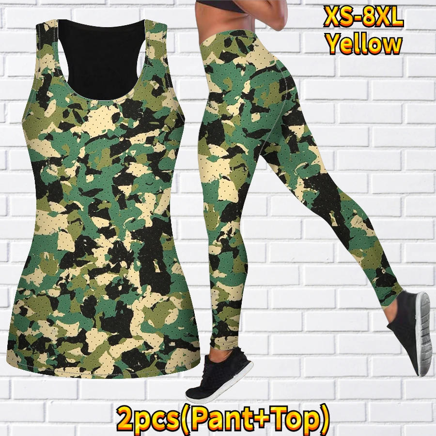 Women\'s Two-piece Yoga Set Sleeveless Casual Sports Vest Yoga Set 3D Camouflage Printed Sportswear Set XS-8XL