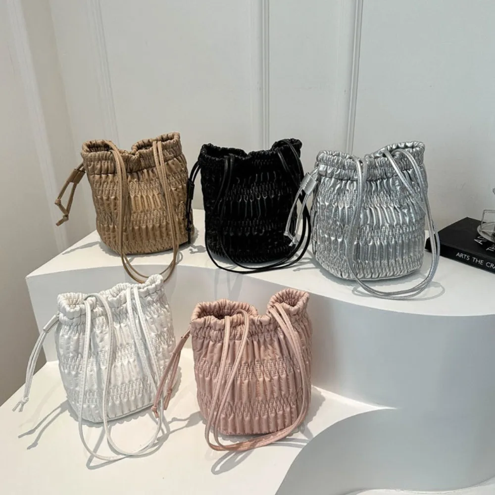 Trendy Solid Drawstring Bucket Bag Wrinkle Shoulder Bag Summer Travel Beach Bag Daily Commuting Bag Handbag Casual Messenger Bag