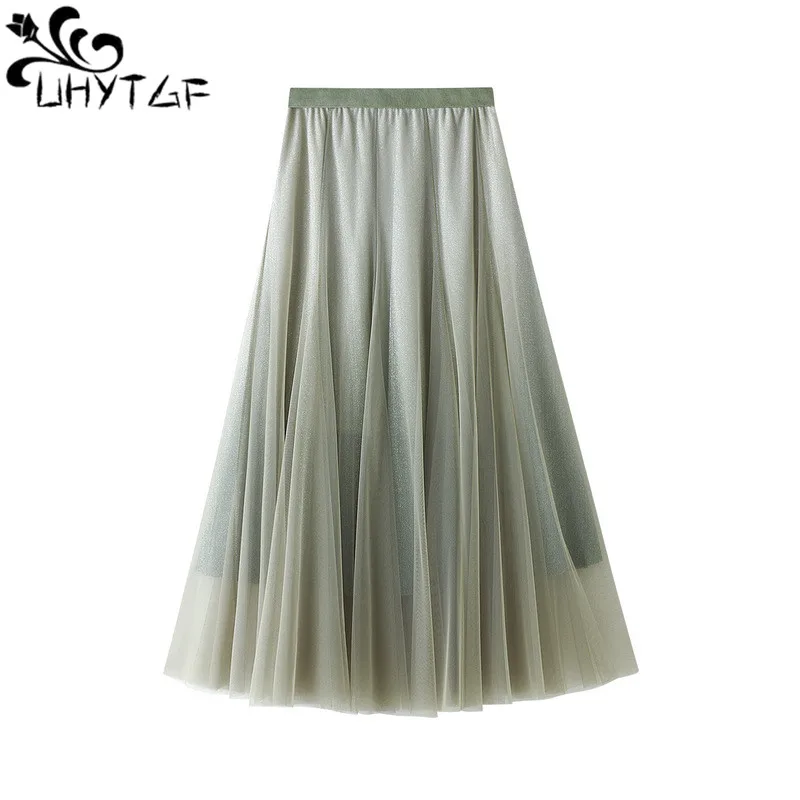 

UHYTGF Summer New Gradual Color Bright Silk Gauze Skirt Women A-Line High Waist Large Swing Mesh Gauze Pleated Womens Skirt 161