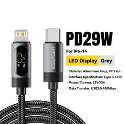 Essager Type C to Lightning Fast Charge Cable with Digital Display - 1m (Grey)