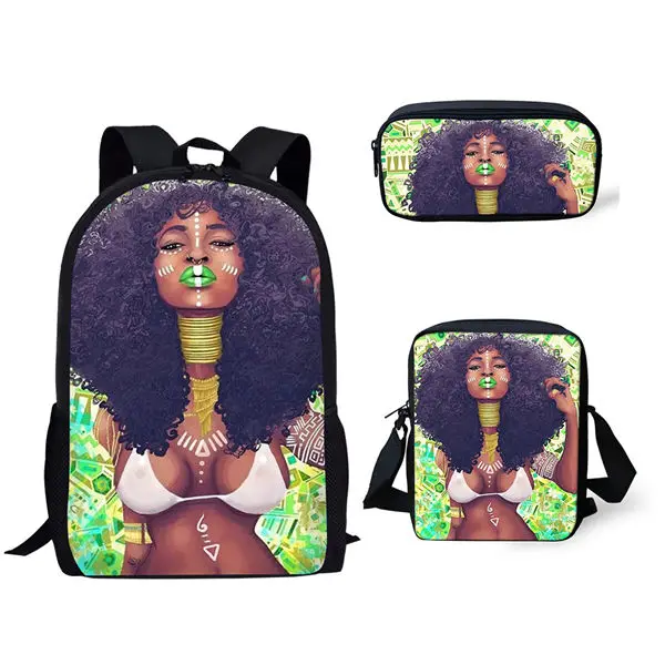 Popular Black African Girls 3D Print 3pcs/Set pupil School Bags Laptop Daypack Backpack Inclined shoulder bag Pencil Case
