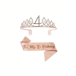 Elegant Rose Gold Birthday Decorations Set with Rhinestone Tiara and Sash (Rose gold - 4)
