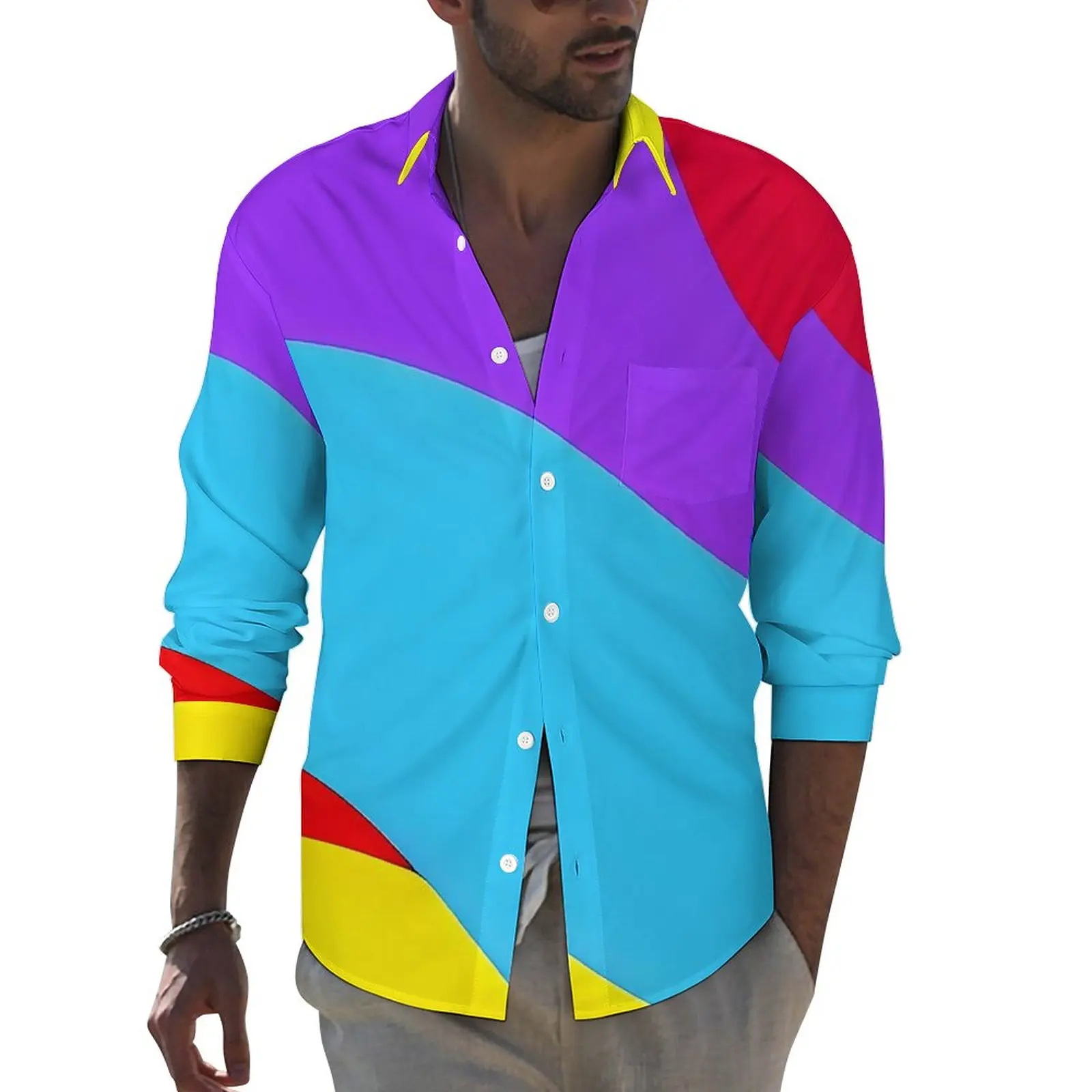 

Рубашка мужская с разноцветным принтом, Повседневная Блузка с радужными ключами, осенняя трендовая с длинным рукавом, топ оверсайз, подарок на день рождения, Y2K