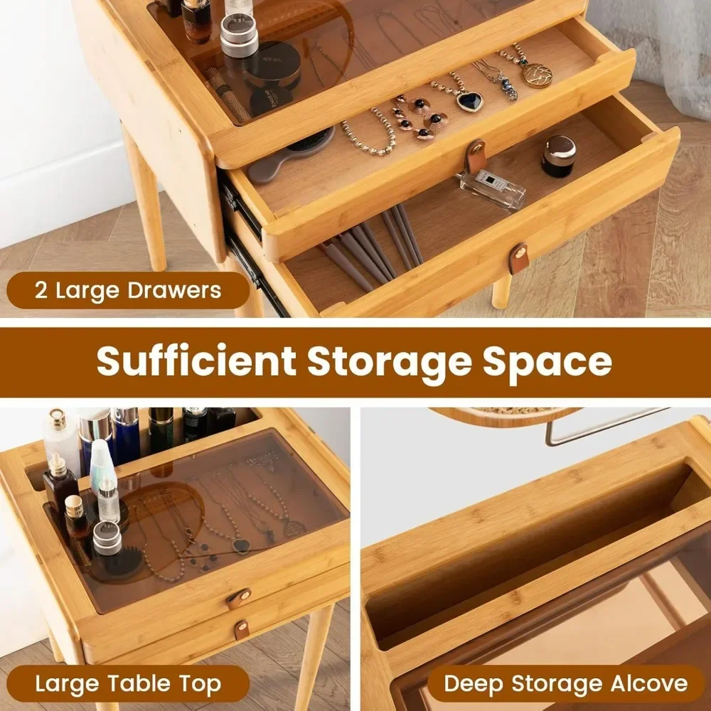 Bamboo Vanity Table Set with Adjustable Mirror Dressing Table and Stool Set with Tempered Glass Tabletop and Storage Drawers