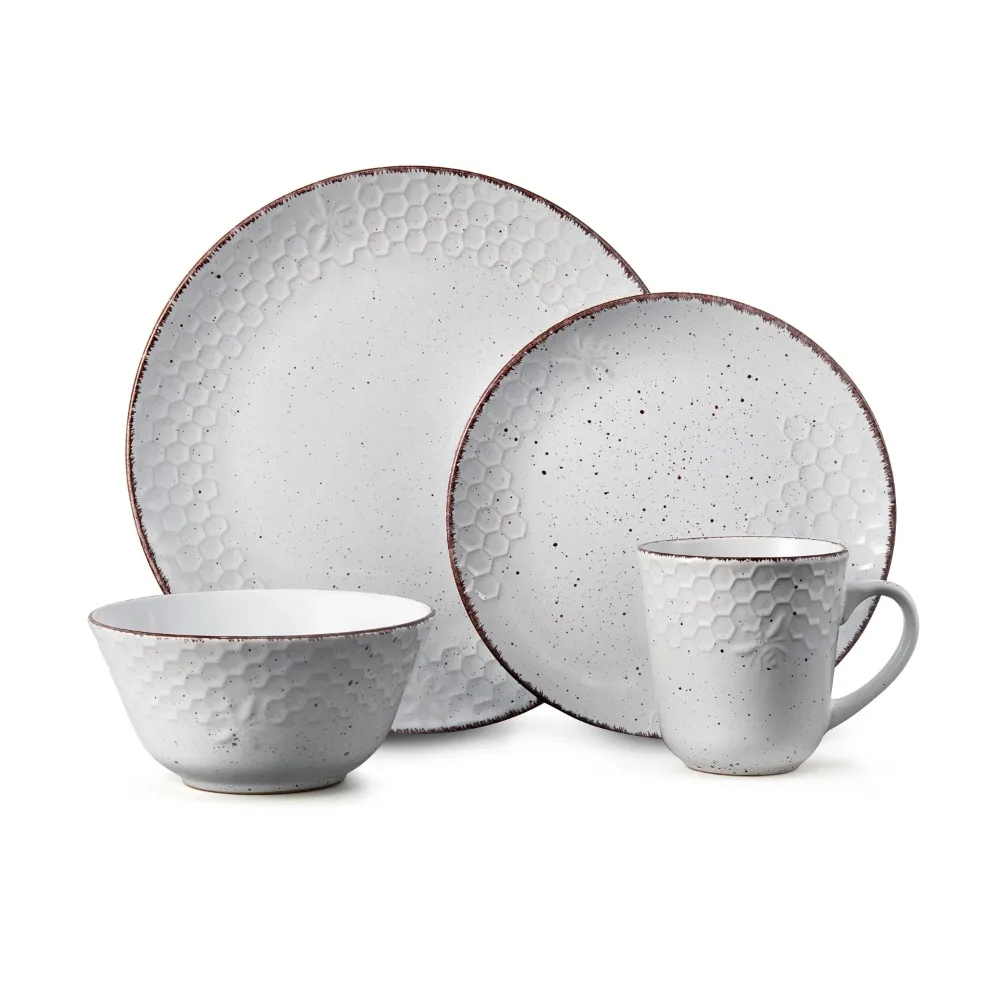 

Bumble Bee Modern White Stoneware 16 Piece Dinnerware Set High Quality Stoneware Tableware Sturdy and Longlasting