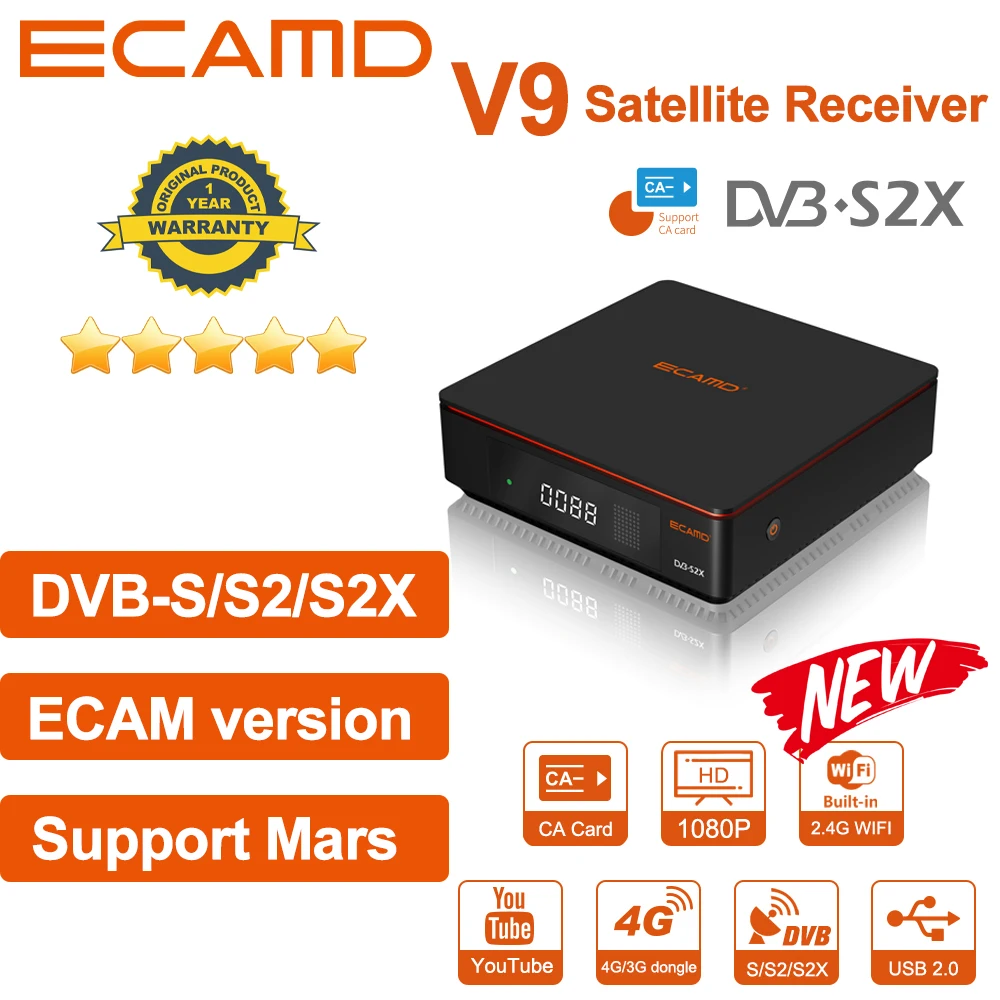 ECAMD V9 Prime Satellite Receiver, DVB-S/S2/S2X, multi stream/T2-MI, Built in 2.4G WIFI, original ecam firmware, support Mars