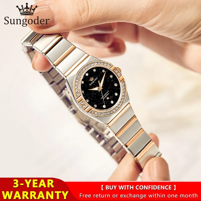 SUNGODER Original Women's Watch Waterproof Stainless Steel Simple Fashion  Starry Sky Swarovski Diamonds Ladies Luxury WristWatch