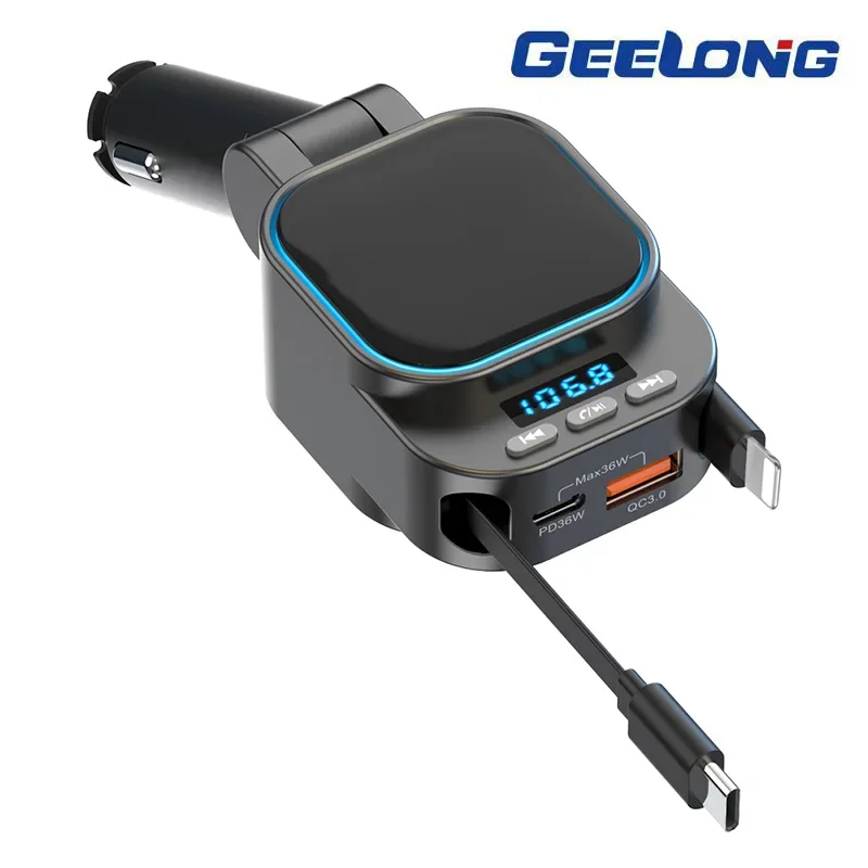 Cigarette lighter type car bluetooth MP3 player lossless sound quality double telescopic cable car charger charging automatic