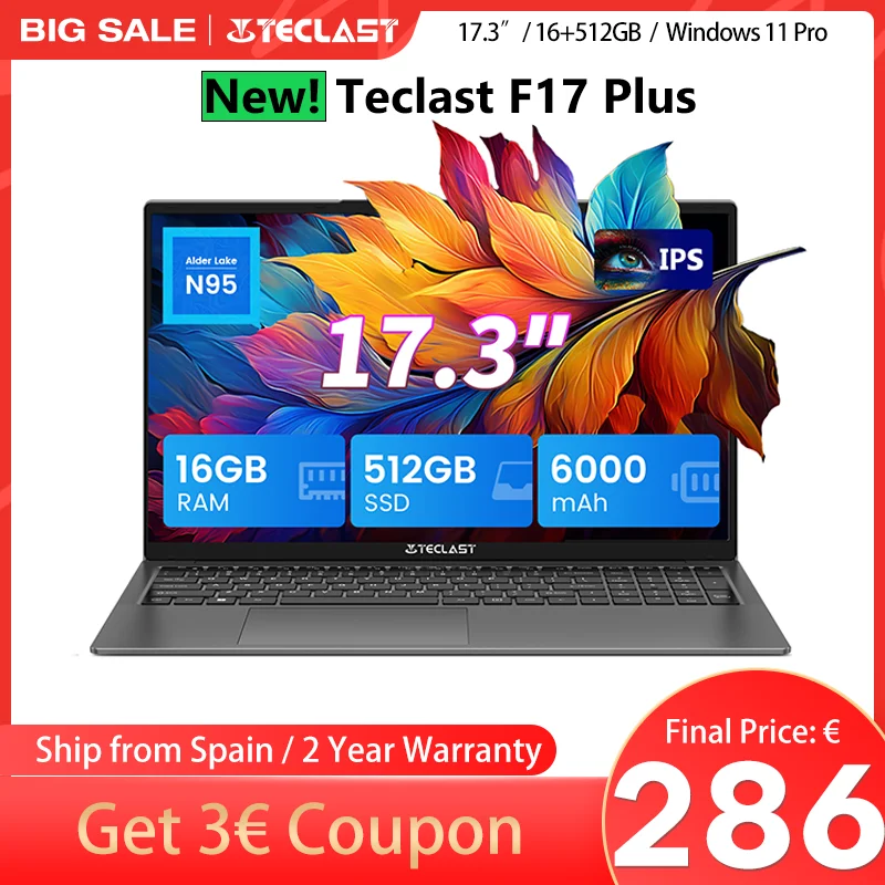【2025】Teclast F17Plus Laptop, 17.3 Inches, 16Gb Ram 512Gb Rom, for Intel N95, Windows 11 Os, Notebook with 180 Rotation °   Mini-Hdmi Backlit Keyboard