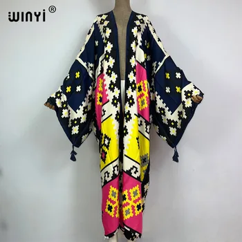 2023 WINYI new Cotton feeling Bikini Cover-ups Bohemian print Front Open Long Kimono kaftan Beach Cover Ups for Swimwear Dresses 1