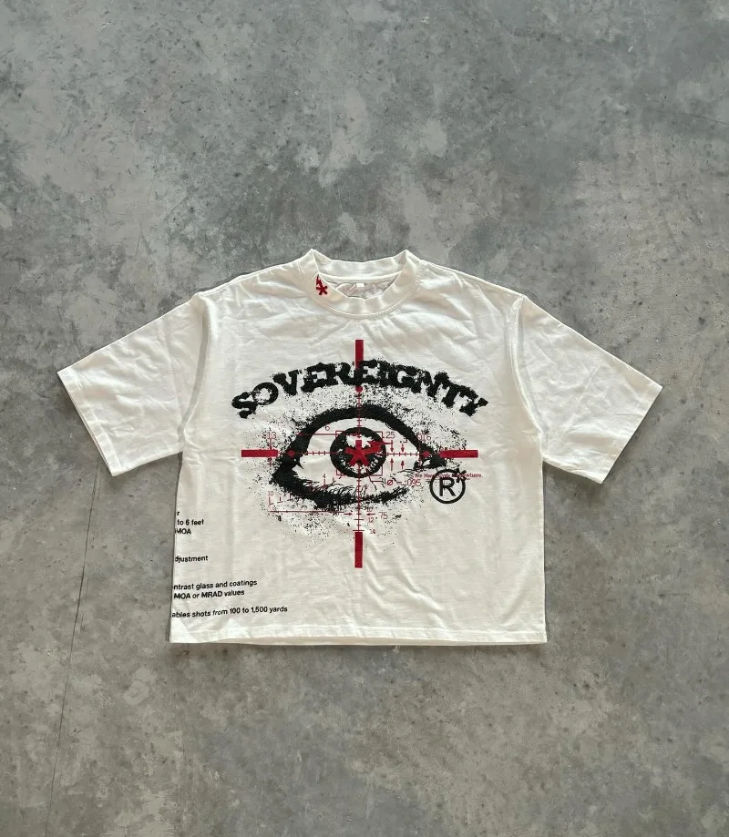 American Trendy Gothic Big Eyes Letter Print Oversized T-Shirt Men's Y2K Loose Harajuku Versatile Fashion Short Sleeve Top