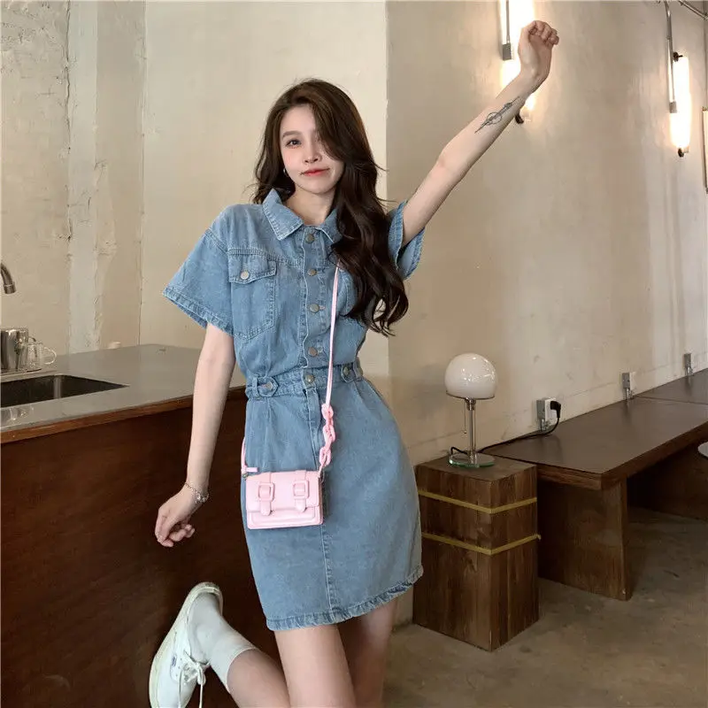 Solide POLO Kragen Hohe Taille Taste Kurzarm Denim Kleid Elegante Mode Harajuku Weibliche Kleidung Casual Alle Spiel Kleider – Detail 9