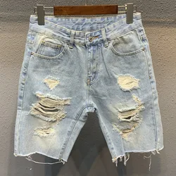 Summer Men's Ripped Denim Shorts Light Blue Knee Length Jeans Fashion Trend Raw Hem Beggar Pants Shorts Short Jeans Breeches