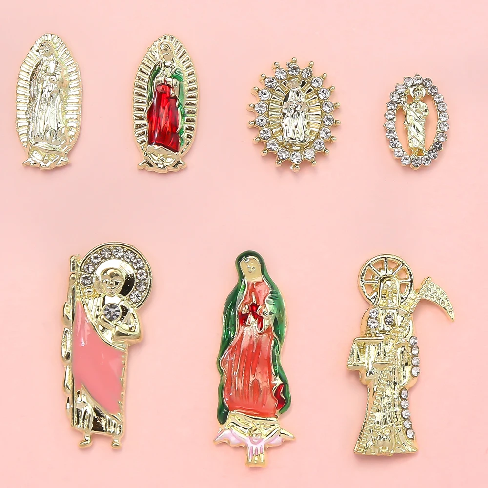 San Judas Virgin Mary 3D 네일 참 키트, 금속 합금 라인석 쥬얼리, 골드 및 레드 부처 원석, DIY 아크릴 손톱용, 21 개