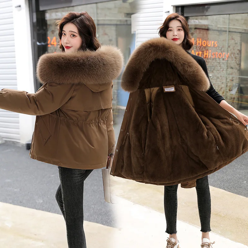 Women Cotton Jacket with Plush Inside Parka Winter Short Style Large Wool Collar Cotton Jacket