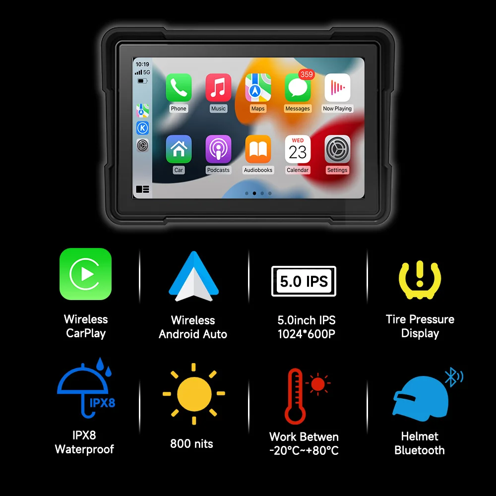 5/7 inch Motorcycle DVR GPS Navigation Multimedia Player Wireless CarPlay Android Auto IPX8 Waterproof Touch Screen Recorder
