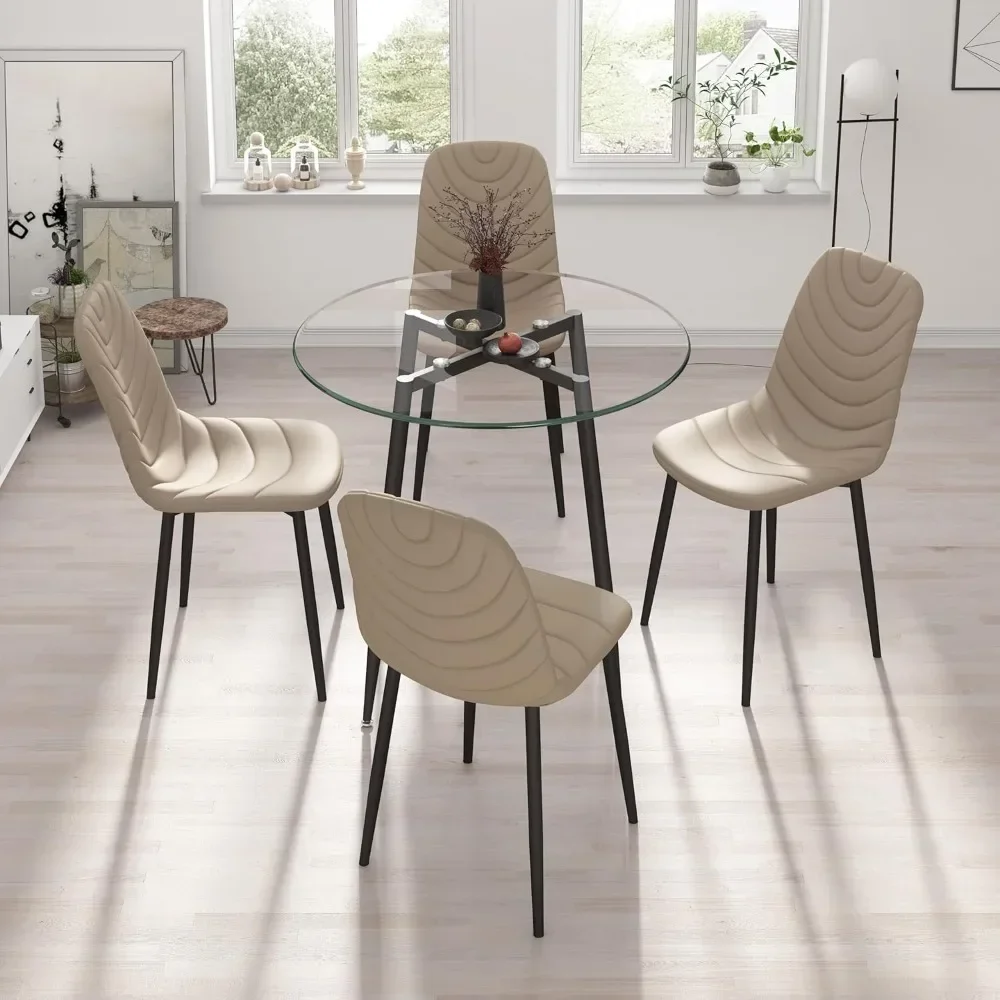 5-Piece Round Glass Dining Table Set with Faux Leather Chairs-Space-Saving Kitchen Furniture 5-Piece