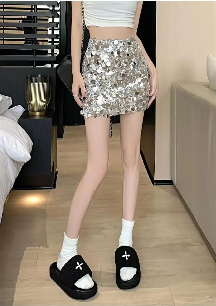 

TRAF 2024 Woman Sequin Mini Skirt Fashion Zip A-Line Skirts Elegant Social Women's Skirts Autumn Sexy Ladies Silver Party Skirt