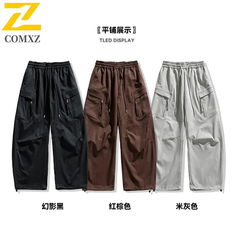 COMXZ 2025 Autumn New Unisex American Cargo Bending knife pants Multi-Pocket Streetwear Hong Kong Trendy Loose Casual Trousers