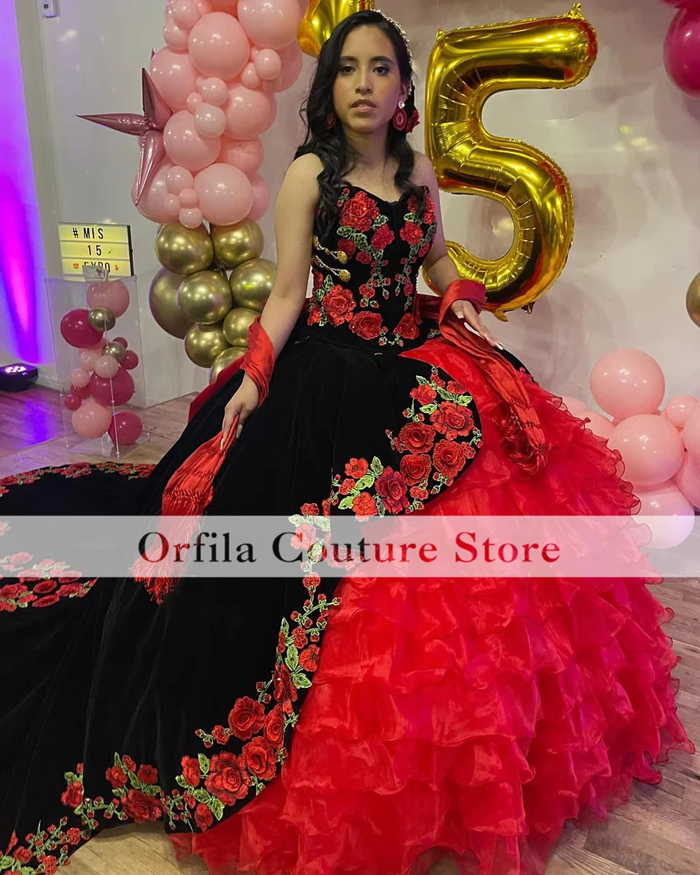 Vestidos de quinceañera con bordado rojo y negro, Charra mexicana XV, en  capas, de satén, manga corta, 15 cumpleaños, graduación| | - AliExpress