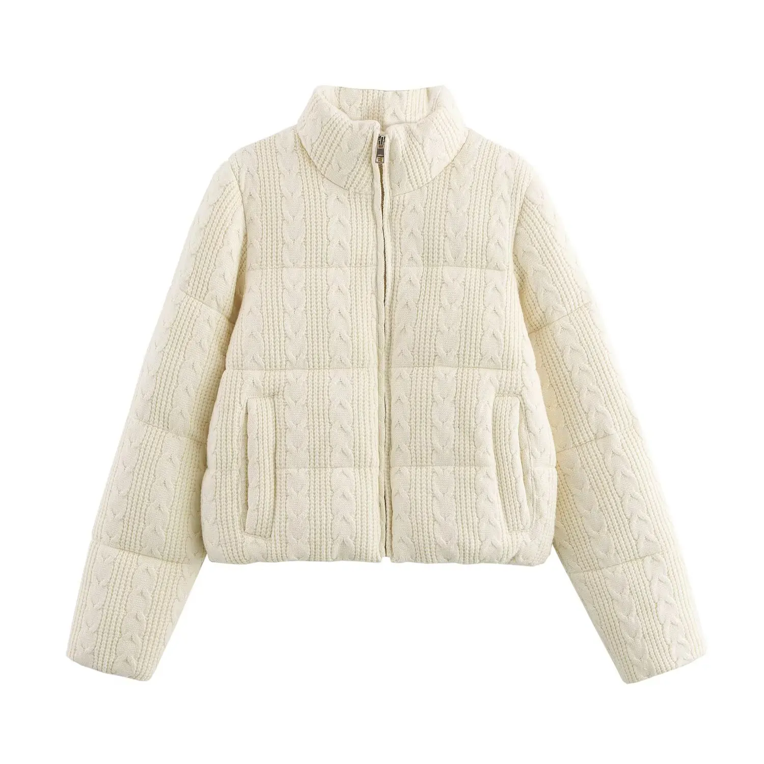 HH Trendy Frauen High Street Winter Hohe Kragen Gestrickte Mäntel Solide Taschen Zipper Frauen Mode Langarm Kurze Jacke 2 Farbe – Detail 3