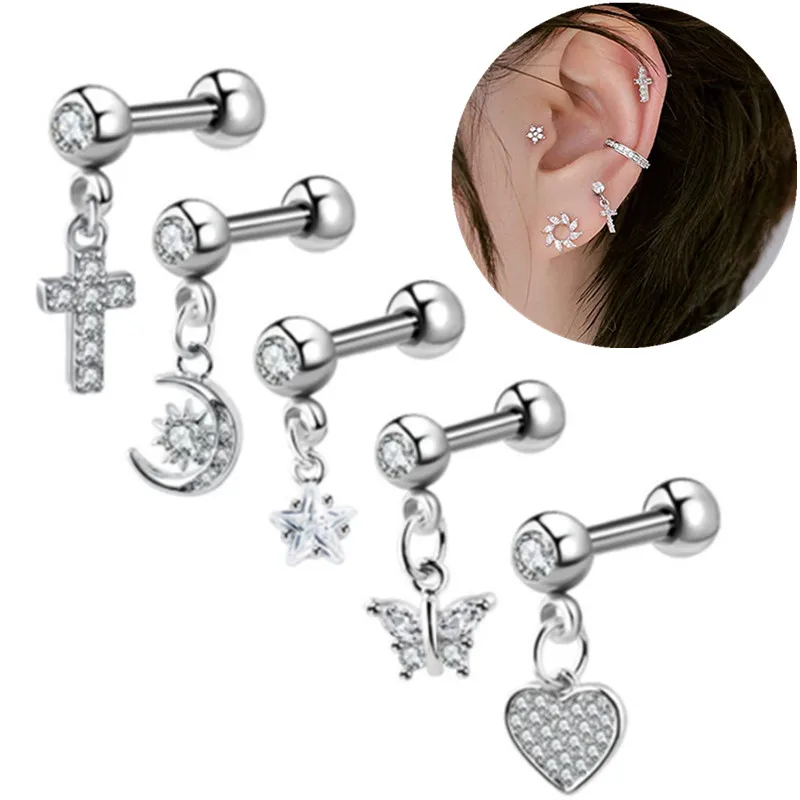 Stud Earrings Crystal Earrings Artificial Crystal Earrings Crystal Zircon Earrings 1PCS Cross Ear Tragus Piercing Earring Stud Barbell Crystal Cartilage Stud Earring Helix Piercing Daith Jewelry Rook Conch