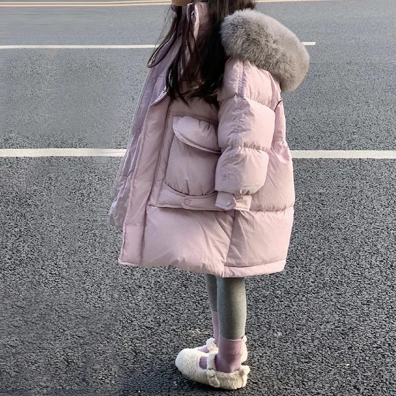 

Winter Down Cotton Jacket for Girl Warm Thicken Hooded Big Fur Collar Parka Kids Coats Outwear -30 Degrees 4 13 14 12 Years Old