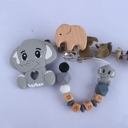 Custom Letter Names Wooden Silicone Elephant Baby Pacifier Clips Chains Teether for Baby Infant Chew Leash Nipple Holder Teether