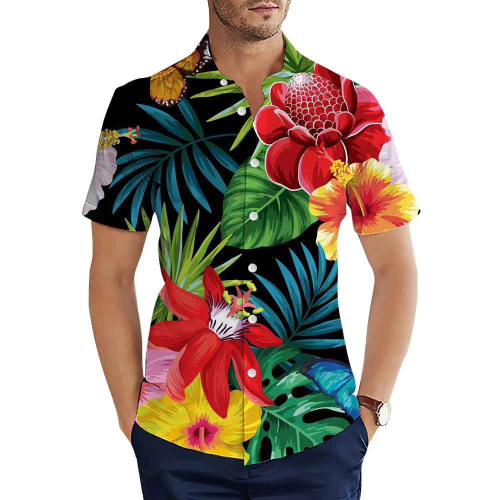 

HX Hawaiian Beach Shirts Polynesia Plant Leaves Floral Printed Short Sleeve Shirt 3D Graphic Tops Ropa Hombre Men Clothing
