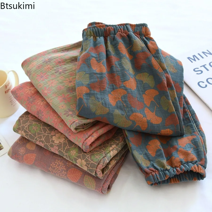 Новинка 2023, женские повседневные штаны для сна из 100% хлопка, свободные брюки большого размера с цветочным принтом в ретро стиле, Женская домашняя одежда