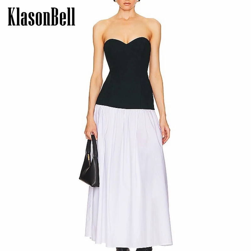 

5.16 KlasonBell Luxury Elegant Black White Color Spliced Fishbone Strapless Dress Women Fashion Sexy Collect Waist Midi Dress