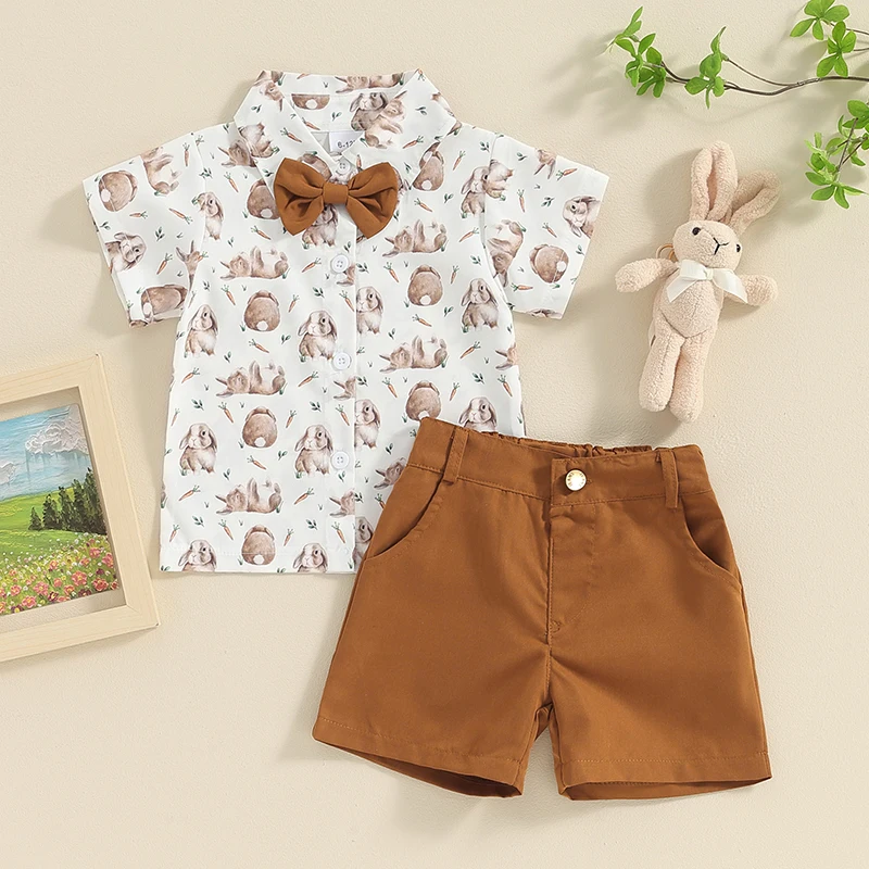 

2Pcs Baby Boy Easter Outfits Short Sleeve Bunny/Truck Print Bowtie Shirt + Shorts Set Toddler Clothes