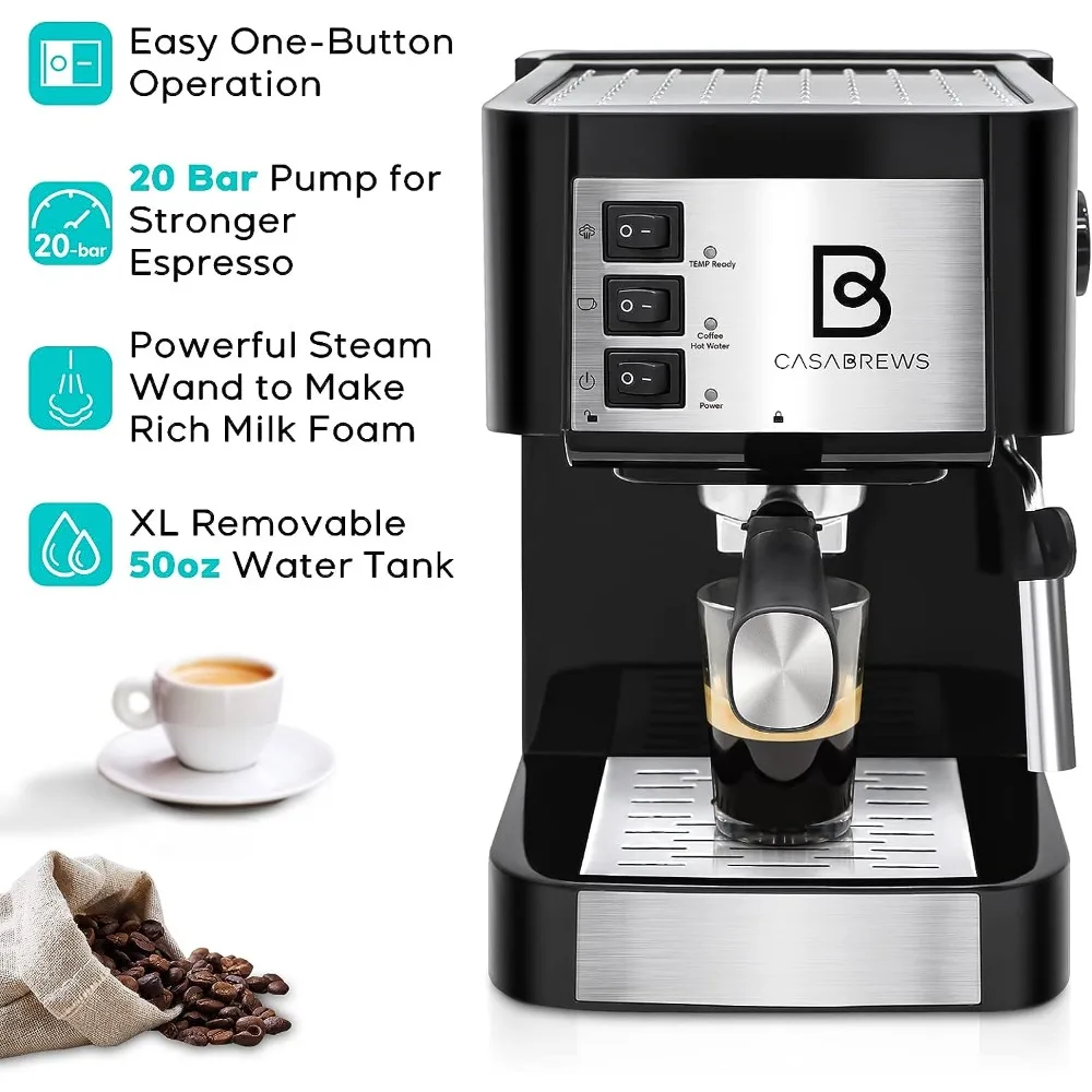 20 Bar Pump Espresso Coffee Maker W/ Milk Frother Wand- Latte