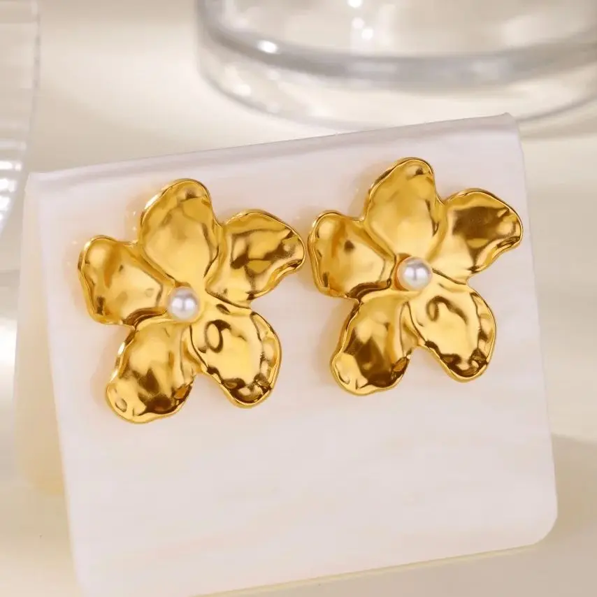 Flower Stud Earrings with Imitation Pearl for Women Girls